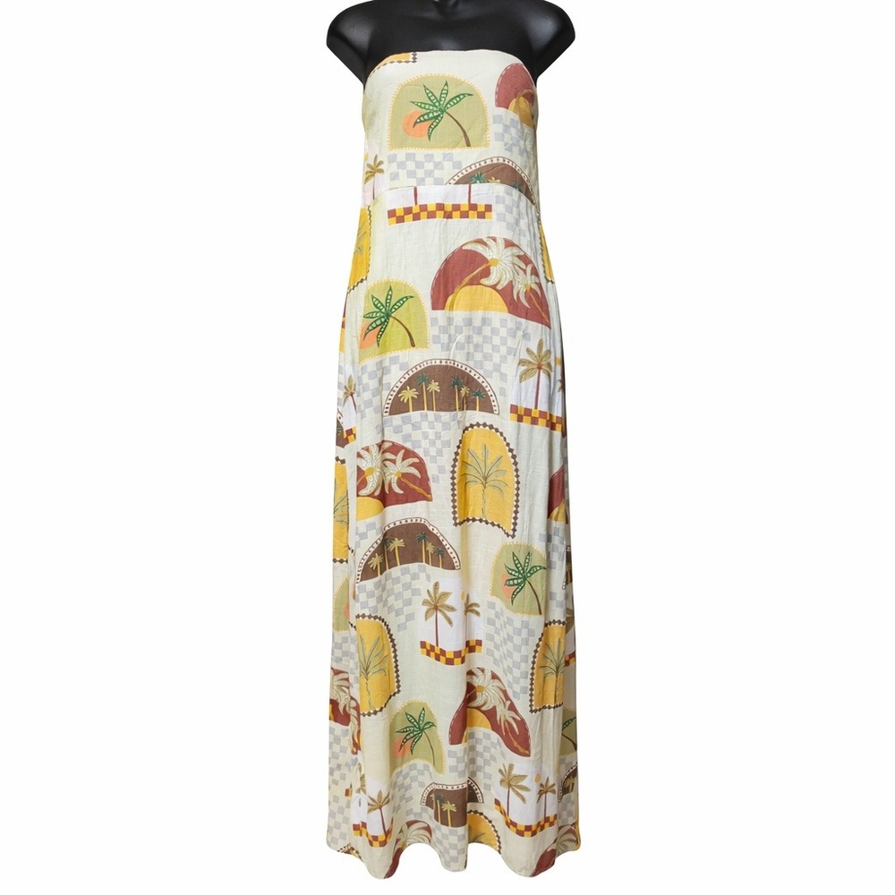 Paper Heart Palm Tree Print Strapless Linen Blend Maxi Dress Cream size S